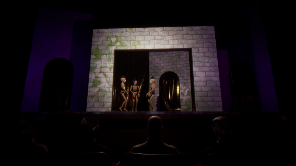 Three puppets are on stage having a conversation beneath a stone arch. The lights are dimmed, but other people in the crowd can be seen. Behind the scenery is a gold curtain lying partially opened.
