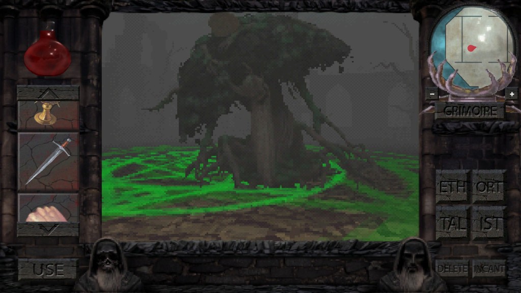An ancient tree monster is slumped over in the middle of a green circle. There's a visible fog in the background.