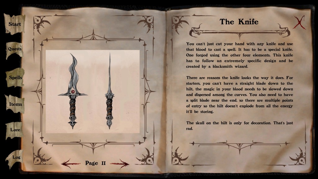 A page of the game's lore explains that the knife used for incantations must follow a specific design and why. And that skulls are rad.
